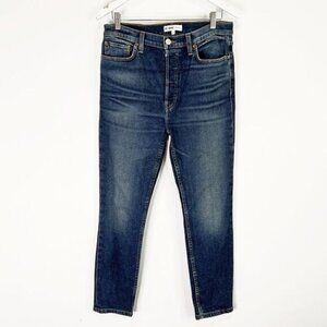 Re Done Originals High Rise Ankle Crop Button Fly Jeans in Midnight Blue